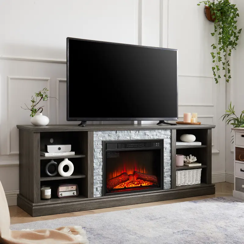 Modern 75" Fireplace TV Stand Faux Cultural Stone TV Stand with 23''Electric Fireplace,Storage Cabinet and Adjustable 6 Shelves for Living Room Bedroom (70.12" W*15.35" D*25.83" H)