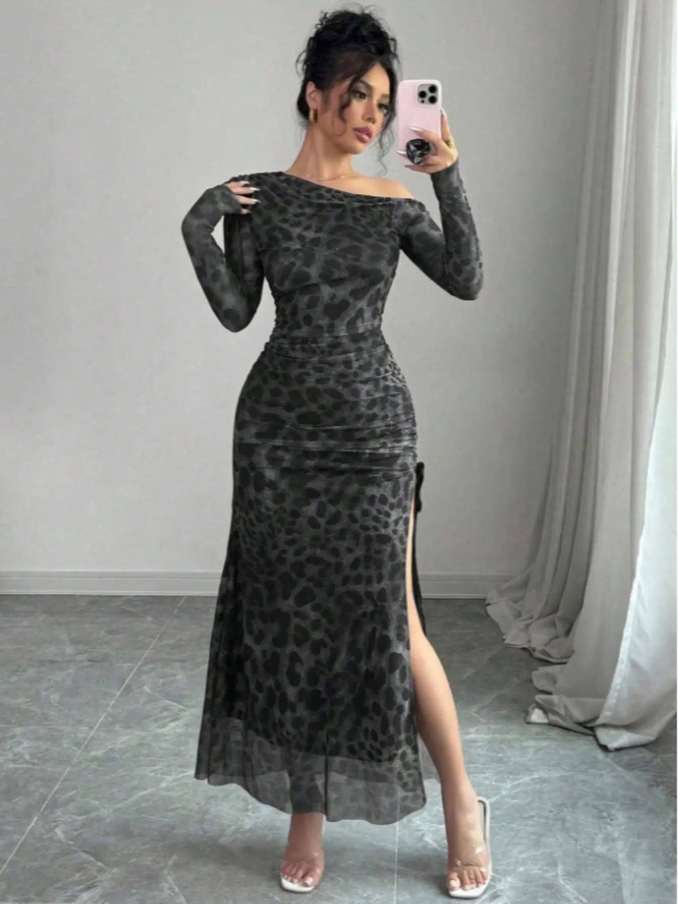 chinese dress ladies Cream Leopard Print Long Sleeve V Neck Knot Drape Midi Dress – AX Paris main image 1