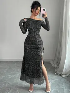 Elegant Zabao Gradient Ruched Mesh Long Sleeve Leopard Asymmetrical Neck High Slit Dress, Women's Fashion Set, Stylish and Trendy