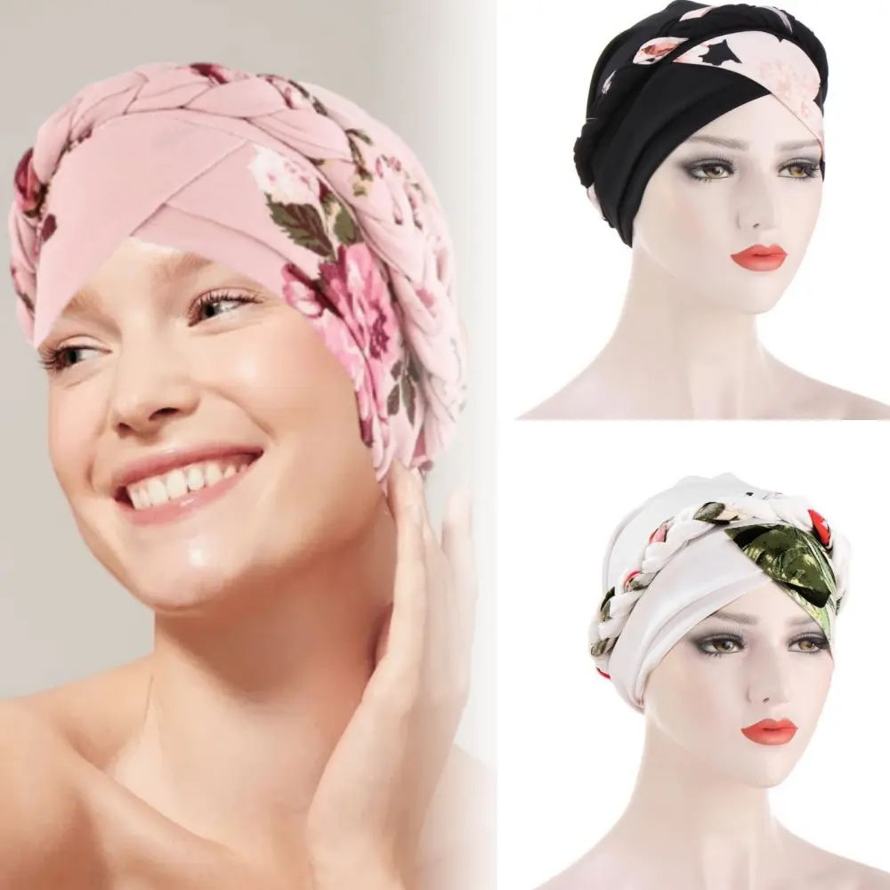 Women's 3 Pack Turban Hats, Printed Pre-Tied Head Wraps with Twisted Braid, Lightweight & Breathable Chemo Cap for Casual Wear, Weddings