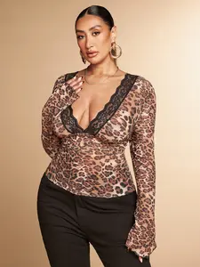 BAE Plus Size Women’s Leopard Mesh Print Long Sleeve Top – Deep V-Neck Lace Stitching See-Through Sexy Streetwear for Spring, Autumn & Winter
