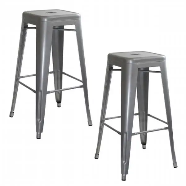 AmeriHome BS0302PK Silver Metal Heavy-Duty Loft Bar Stools - 2-Piece Industrial Look Square Seat Indoor Furniture, Stacks Easily, for Dorm Room Home Bar, 12in L x 12in W, 12.5lbs Each, Basement