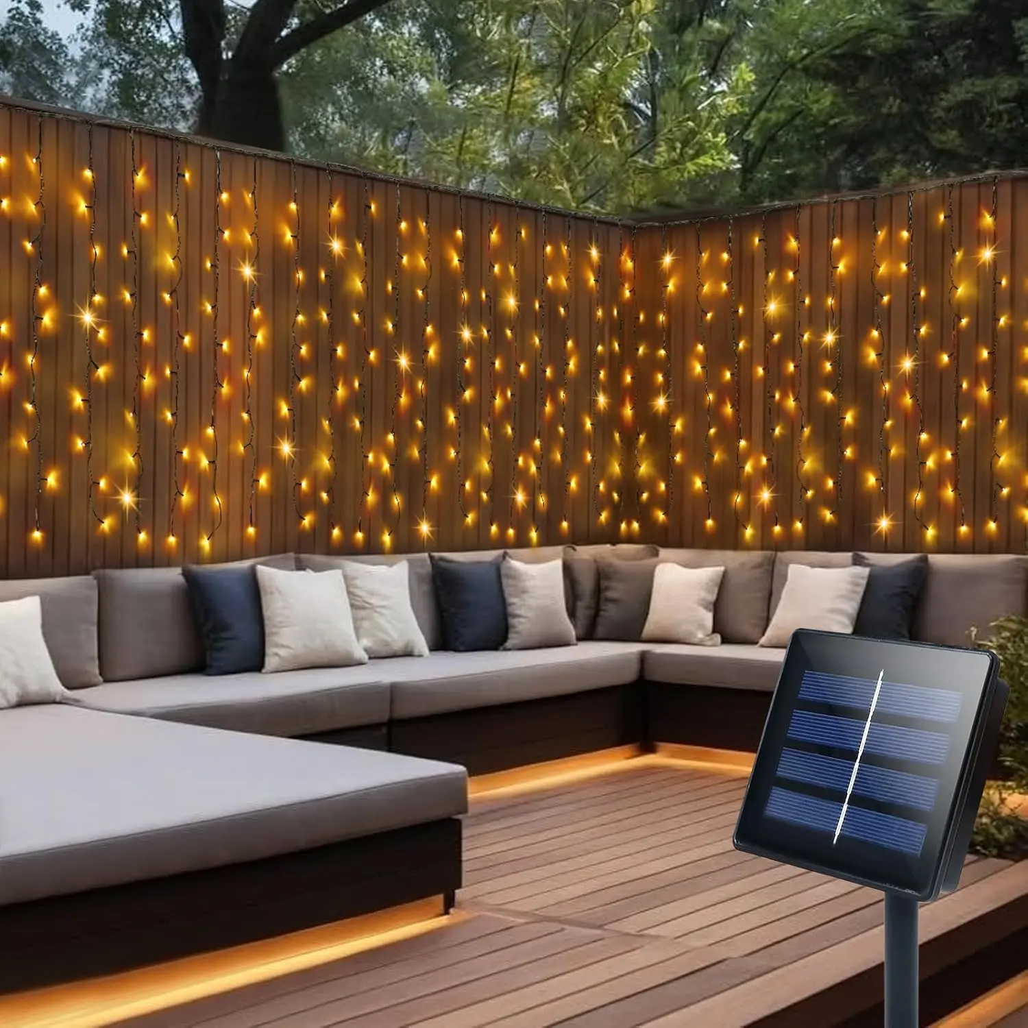 Warm White Solar Curtain Decorated Decorative Lights, 13Ft x 3.3Ft 200 LED Waterproof Outdoor Lights with Auto ON/Off, 8 Modes for Garden, Fence Decor, Chase, Curtain Lights