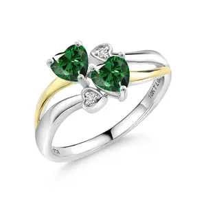 Gem Stone King 925 Silver and 10K Yellow Gold Green Nano Emerald and White Lab Grown Diamond Ring For Women (1.02 Cttw, May Birthstone, Heart Shape 5MM)