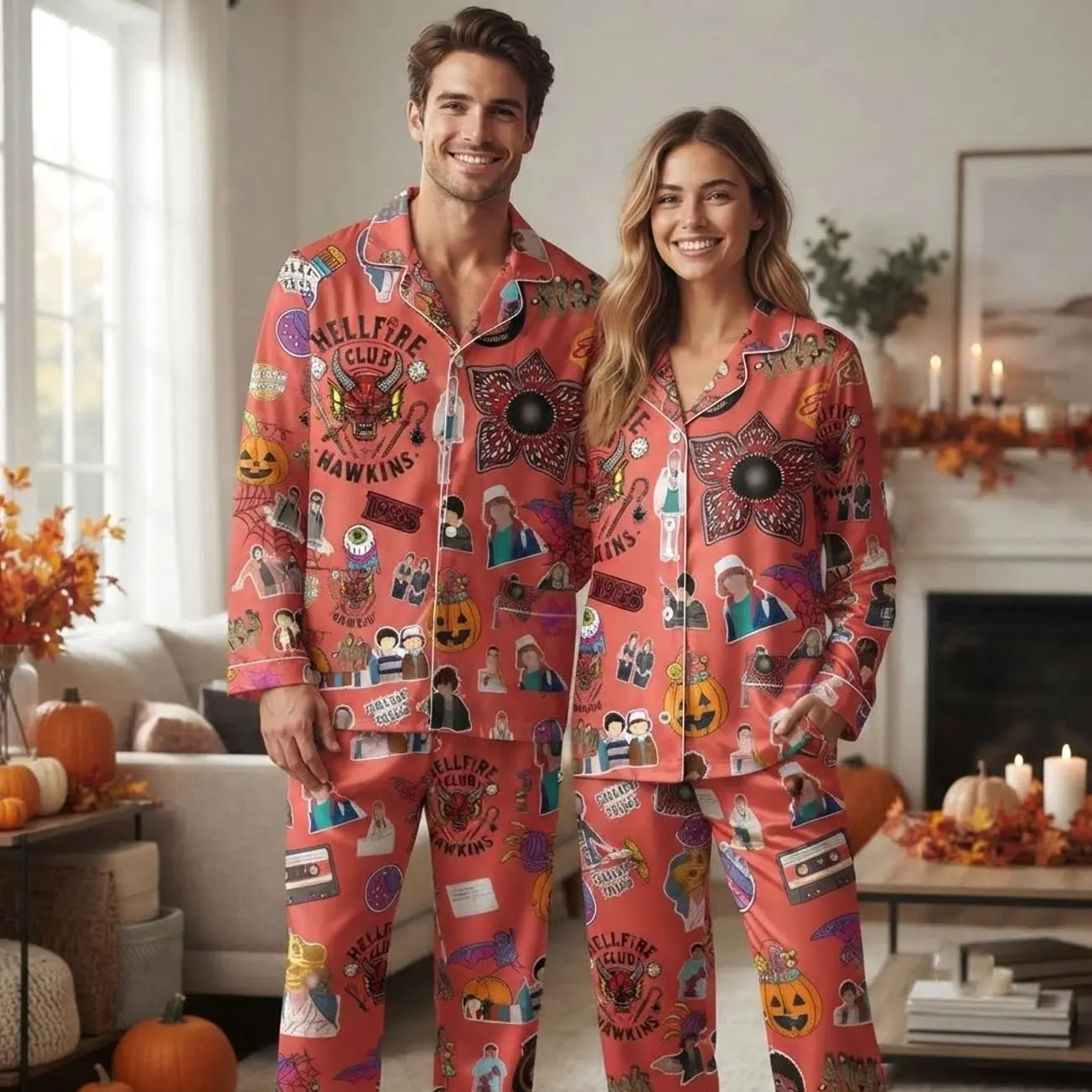 Matching Couples Pajamas Set Stranger Things Print Long Sleeve Satin PJS