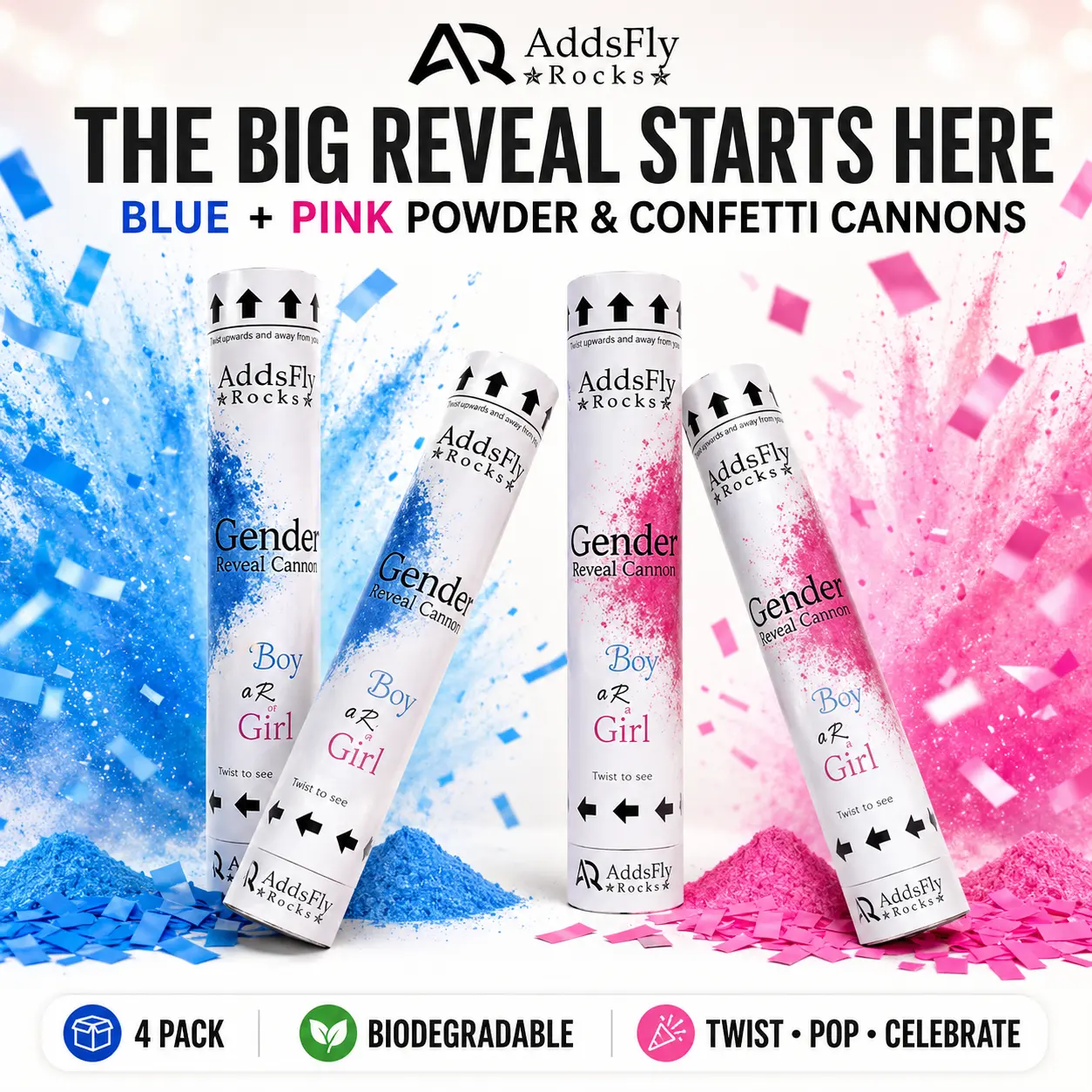 Biodegradable Paper Gender Reveal Confetti Cannons - 4-Pack Blue & Pink Powder Poppers, Burst Effect, Minimal Mess, Clean Reveal for Baby Showers, Weddings