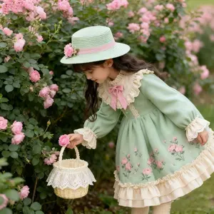 Girls' British Style Princess Dress with Ruffled Lace-Like Trim & Bow - Long Sleeve A-Line Party Wedding Dress, Mint Green & Pink, Layered for Ages 3-14 (Hand Washable Spring/Fall Outfit) - Elegant Formal Attire