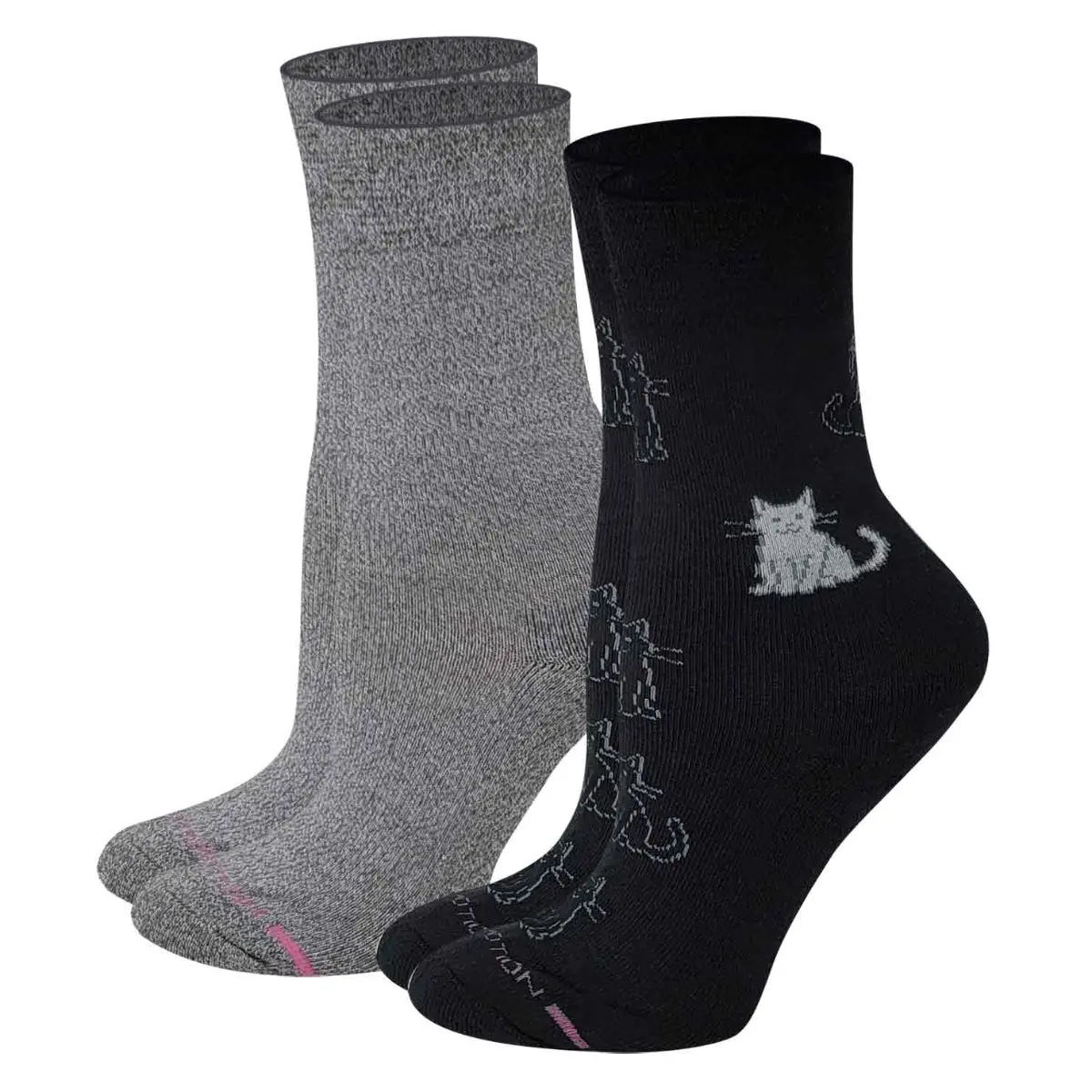 Dr. Motion Lady's Fit Women's Diabetic Compression Crew Socks (2-Pack Animal Kitten Motif) - Anti-Microbial, Moisture-Wick, Half-Cushion, Breathable Cotton-Polyester-Spandex-Nylon, Smooth Fabric, Lycra Cuff, Impact Guard, Extended Standing Support