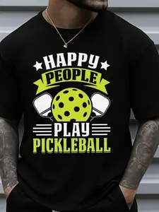 Pc Men's 180g Heavyweight TShirt Black Casual Streetwear with Pickleball Graphic Print Happy People Play Pickleball Design Round Neck Regular Fit for Gym Sports & Casual Att Parties Beach & Sports Outdoor Clothing|All-Season Casual Wear