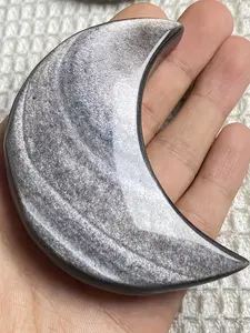 1pc Silvery Obsidian Moon Shape, Natural Obsidian Moon Carving Craft, Meditation, Office Home Atmosphere Decoration Pieces, The Perfect Gift