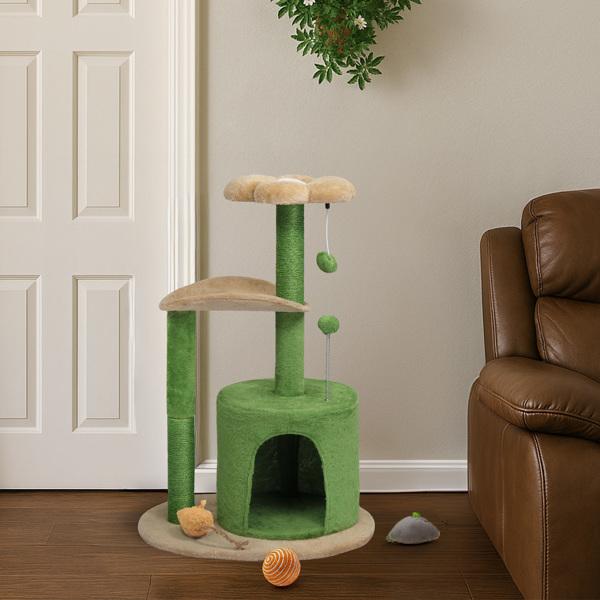 Cat Tree House And Towers For Big Feline Scratching Post Multi-Level Large Kitty Climbing Tower With Curved Perch Cozy Condo Padded Top Bed Kittens Indoor Cats Beige Green，Fashion Accessories Fabric Buddy