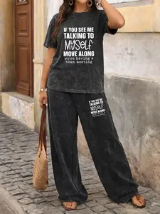 Spring & Summer Plus Size Sports Two-Piece Set with Letter Print, Tie-Dye Washed Vintage Short Sleeve T-Shirt and Wide-Leg Pants, Plus Size Women's Jogging Outfit, Stretchy Suit Set, Sweatsuits Set, Workout Sets