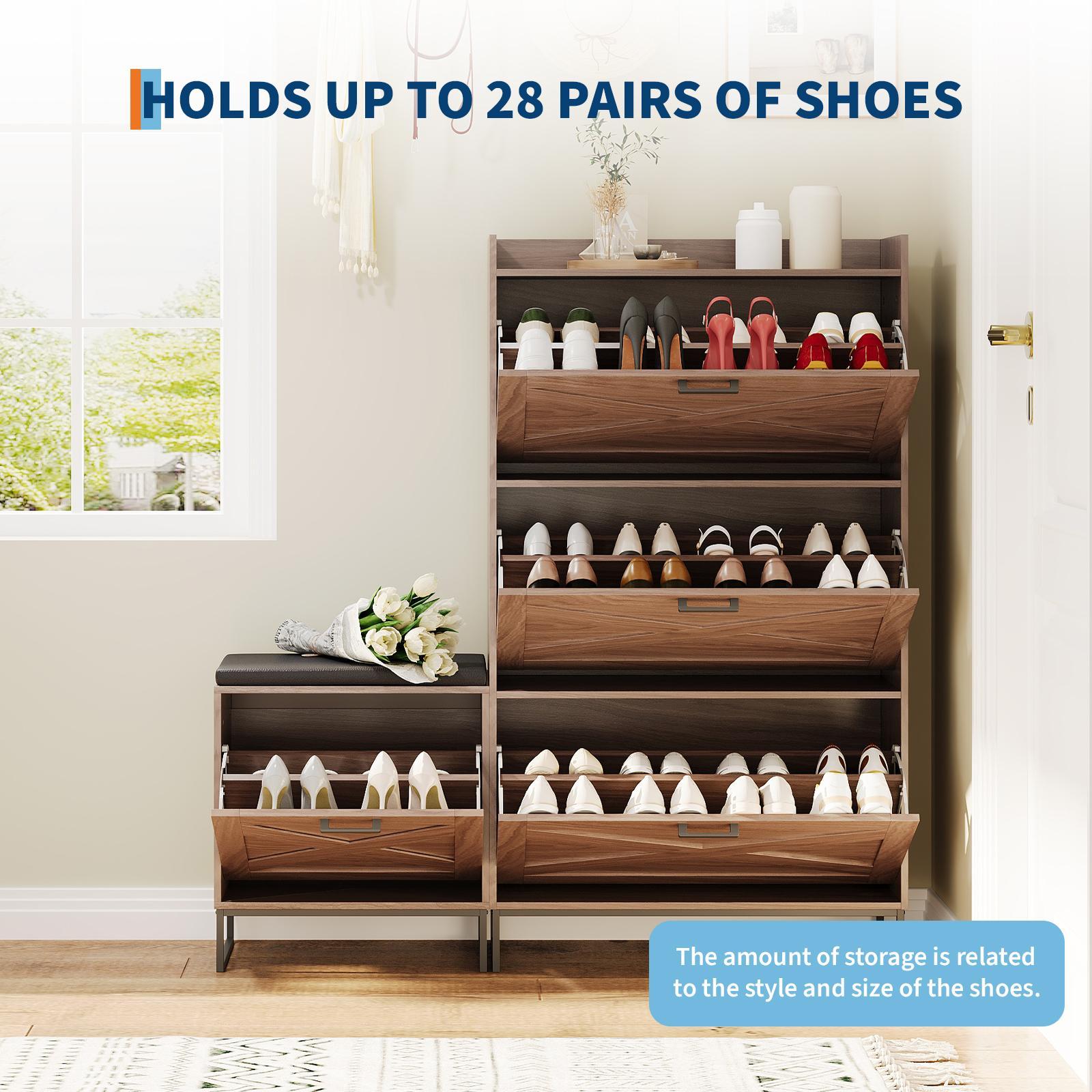 Farmhouse Shoe Storage Bench with 4 Flip Drawers & Upholstered Cushioned Seat, Dual-Layer Hidden Storage, Sturdy Metal Legs, Space-Saving Easy Assembly Entryway Cabinet, Walnut Finish