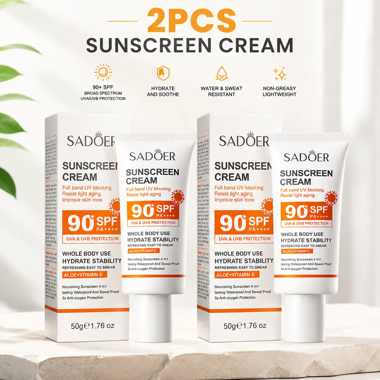 Buy 1 Get 1 Free SPF90+ UVA/UVB Sunscreen Cream, Aloe & Vitamin E Non-Greasy Sweatproof Sun Lotion, Practical Gift for Girlfriend