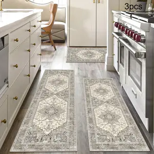 Boho Style Kitchen Mat, 3 Counts/set Non-slip Kitchen Rug, Waterproof & Stain Resistant Carpet Runner for Kitchen, Laundry Room, Hallway