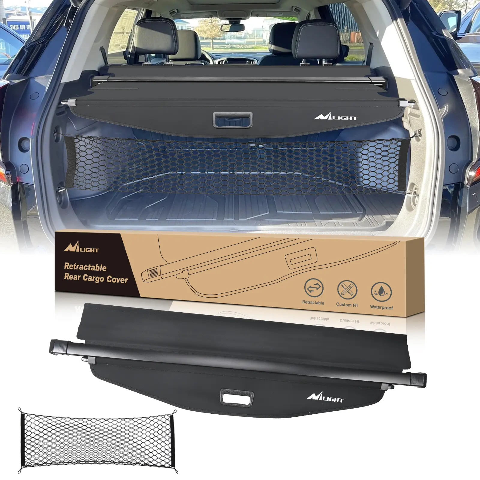Nilight Retractable Fabric Cargo Cover - Custom Fit for 2018-2025 Chevy Equinox, GMC Terrain SUVs, Water Resistant, Aluminum Frame, Privacy Security Shield, Cargo Divider, Trunk Storage Net, Car Interior Kit, Car Accessories
