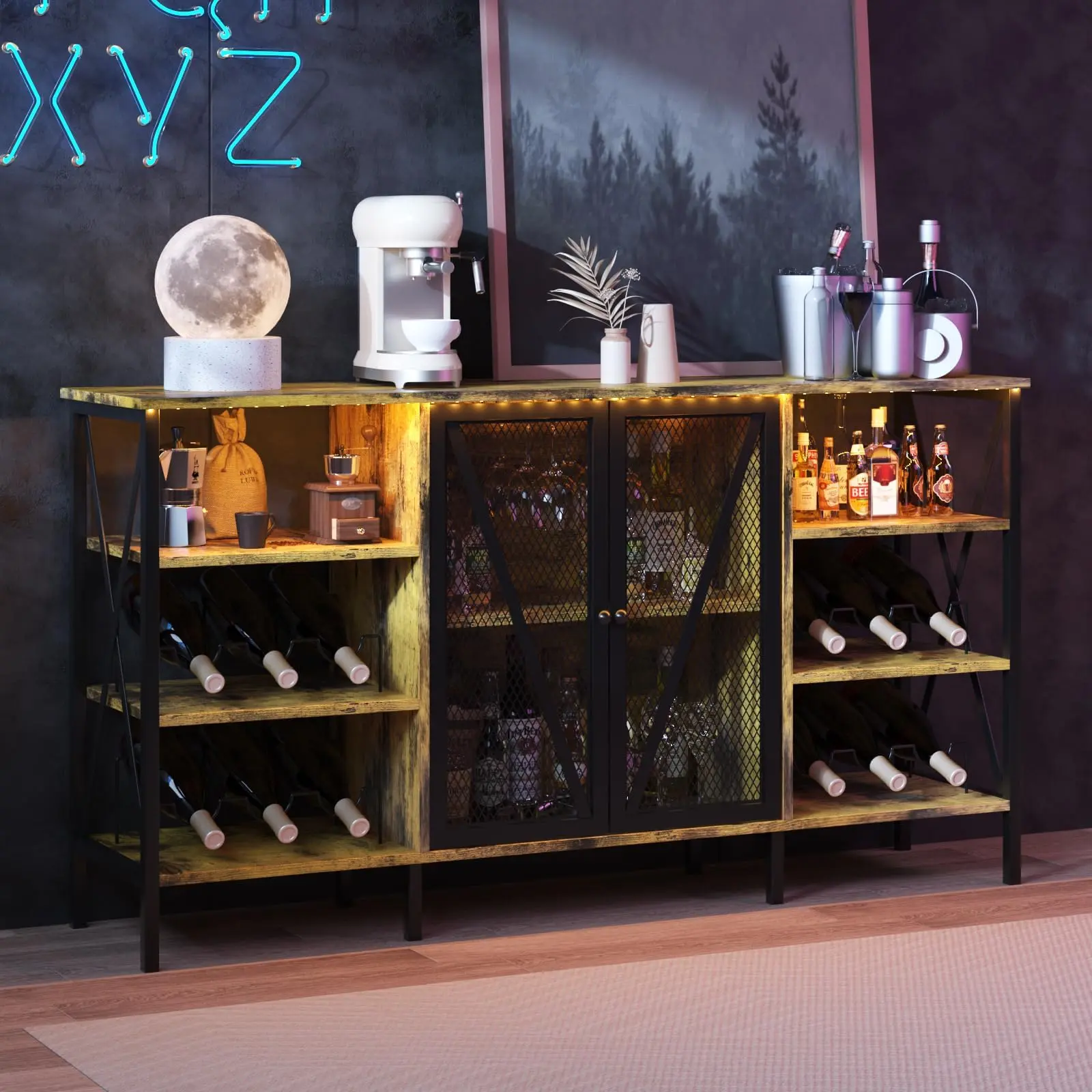 Garvee Rustic Wine Bar Cabinet with Wine Rack and Glass Holder, Adjustable LED Light, Metal Sideboard, and Liquor Table Cabinet with Mesh Door for Home Bar, 55.2", Farmhouse Brown