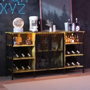 Garvee Rustic Wine Bar Cabinet with Wine Rack and Glass Holder, Adjustable LED Light, Metal Sideboard, and Liquor Table Cabinet with Mesh Door for Home Bar, 55.2", Farmhouse Brown