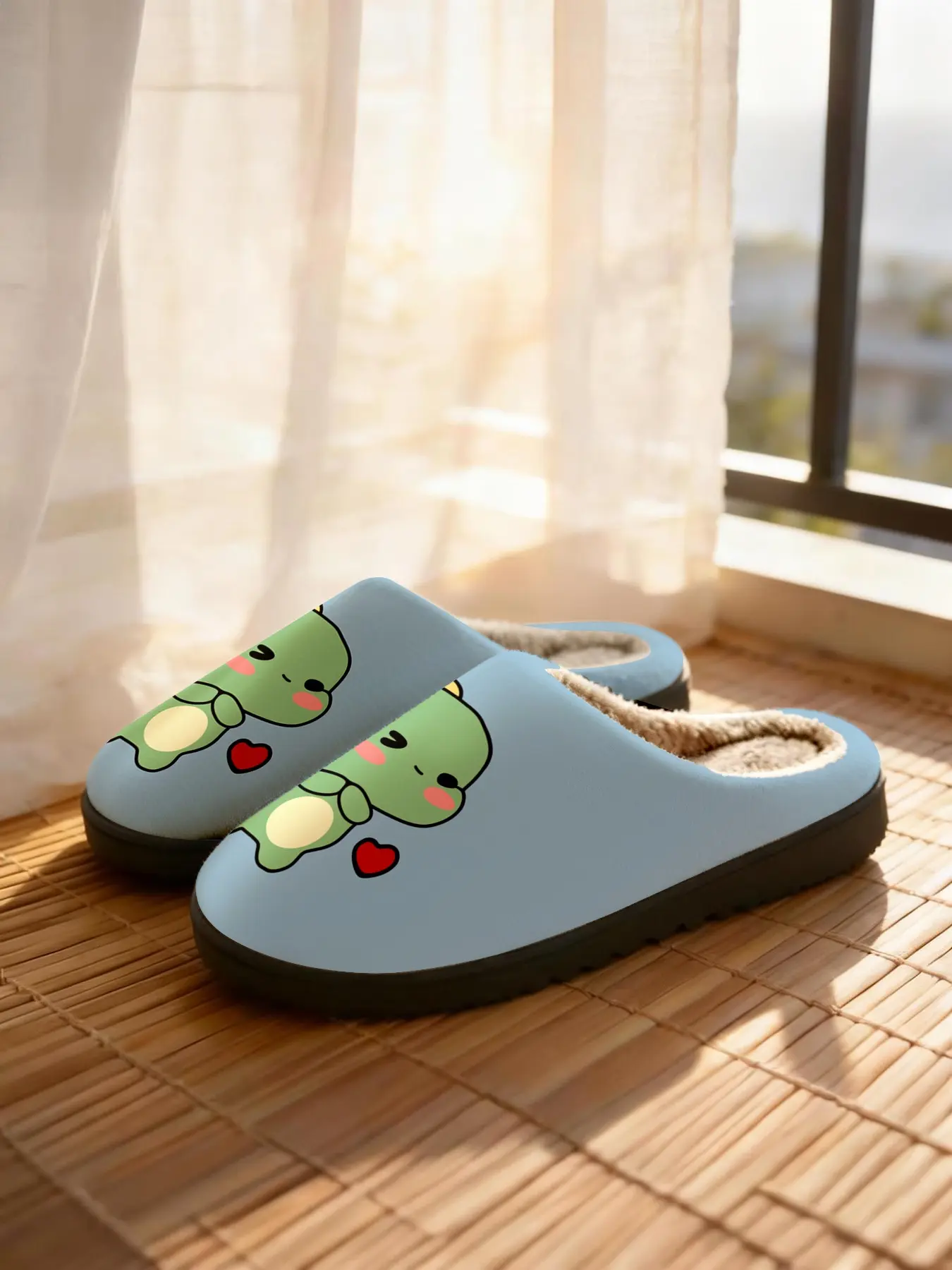 Cute Blue Dinosaur Cotton Slippers, Soft Plush Lining, Cartoon Heart Design, Casual Home Shoes for Kids & Adults