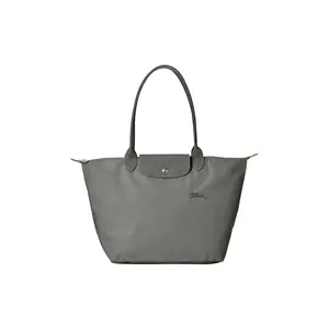 Longchamp Le Pliage Green Logo Foldable Flap Zipper Tote with Canvas and Leather for Women in Graphite