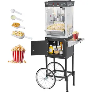 VEVOR Popcorn Machine with Cart, 8oz Stainless Steel Kettle, 800W Commercial Popcorn Maker, 48 Cups per Batch Theater Style Popper, with 2-Button Control Glass Wall PC Door 1 Scoop 3 Spoons, Black