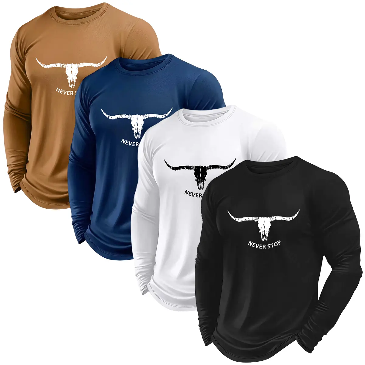 4PCS Men’s Fashion Casual Sports T‑Shirts — Pattern print details, solid color design; simple and comfortable; durable yet stylish; lightweight, soft crew neck long sleeves; skin‑friendly stretchy training shirts; stretch quick‑dry fitness tops