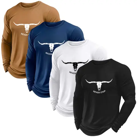 Men’s 4PCS Casual Sports Long Sleeve Tees - Crew Neck, Pattern Print/Solid Color, Soft Polyester, Skin-Friendly Flex, Quick Dry, Basic Training Active Tops