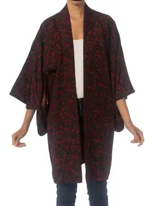 1950S Black & Red Silk Floral Japanese Kimono