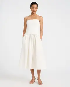 Express Mixed Media Strapless Drop Waist Midi Dress with Pockets