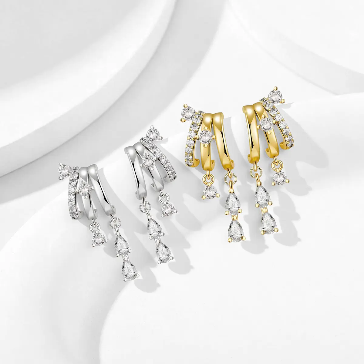 2pcs 18K Gold Plated Double C Hoop Dangle Earrings for Women, Micro Pave Round & Pear Cut Cubic Zirconia Drop Tassel Huggie Earrings, Hypoallergenic Sparkly Dangling Ear Jewelry for Wedding Party Daily Wear