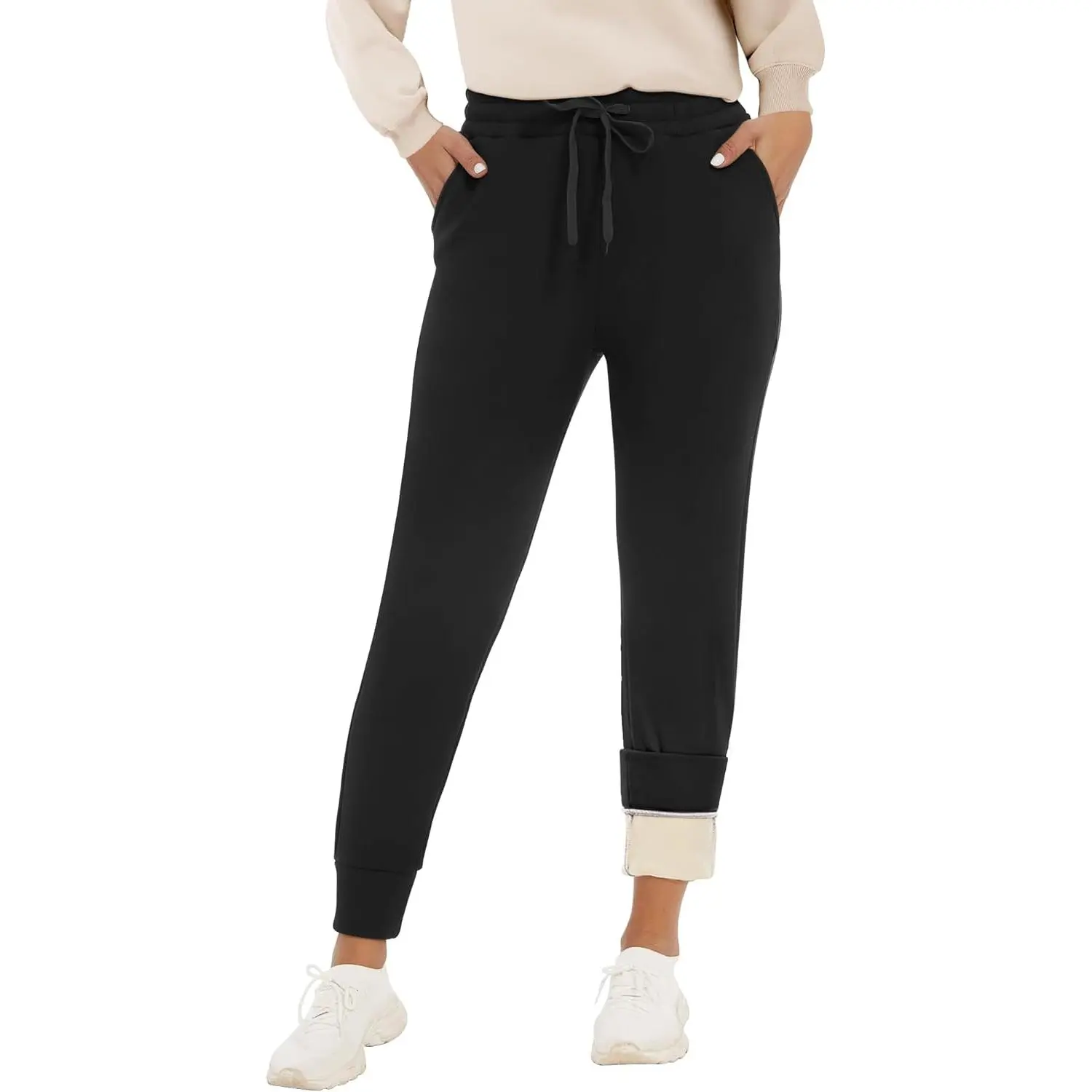Women's Full-Length Sherpa-Lined Casual Fleece Joggers - Female Winter Warm Athletic Sweatpants with Seam Pocket for Lounging, Black, Dark Grey, Small, Large