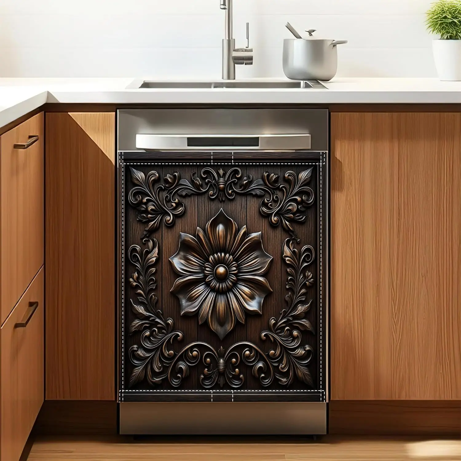 Dark Black Wooden Flowers Magnetic Dishwasher Cover 23x26 Inch - Polyester Refrigerator Magnet Panel with Edge Magnetic Strips, Easy Install Stickerless Cover for Kitchen Decor
