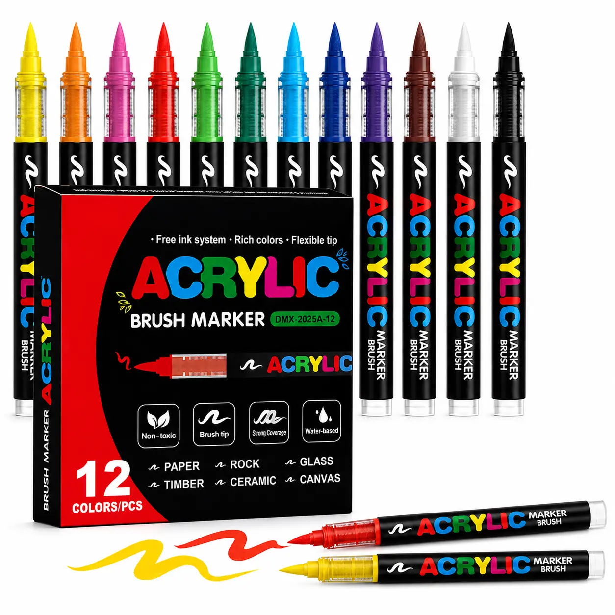 12pcs Acrylic Paint Markers with Elastic Brush Pen Tip, Quick-Drying Waterproof Ink for Rock Art Projects, Ideal for Artists’ Home Decor Crafts on Wood, Ceramic, Glass, Canvas, Plastic, Metal (Gift Option), Crafters