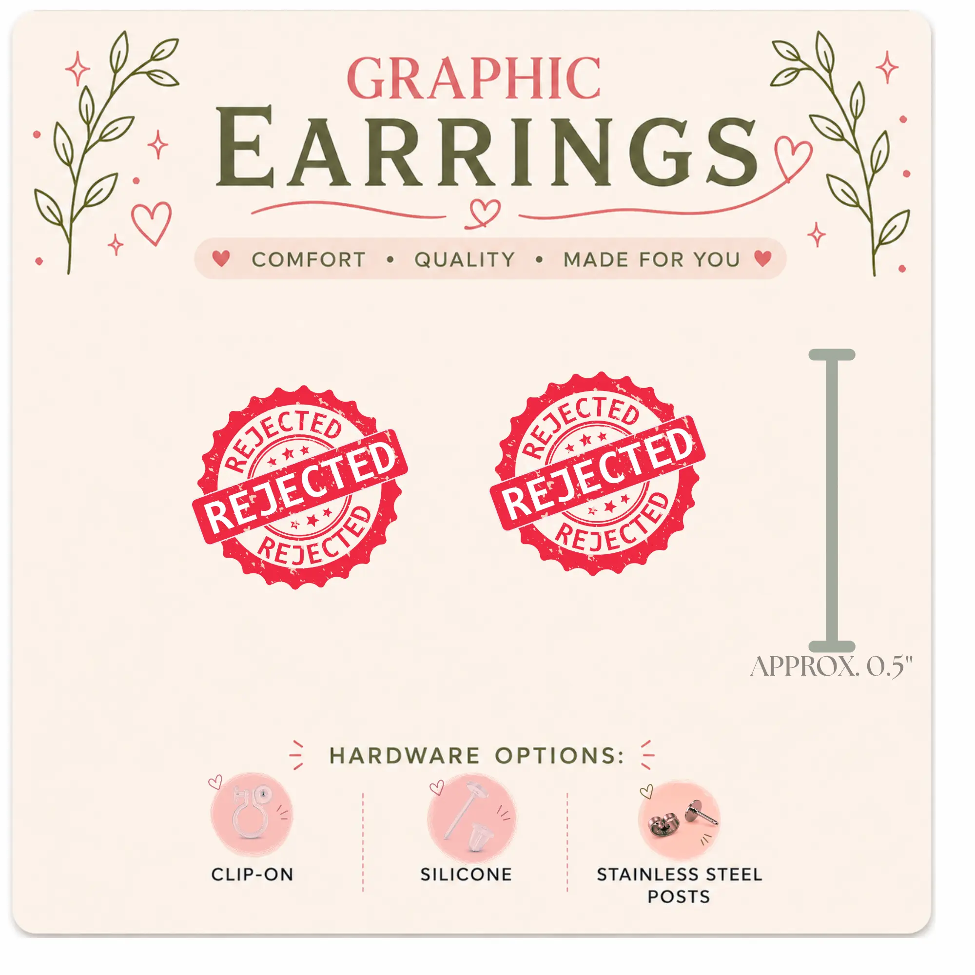 Rejected Stamp Graphic Stud Earrings | Rejected Sticker Earrings | Funny Office Humor Earrings | Handmade Novelty Studs