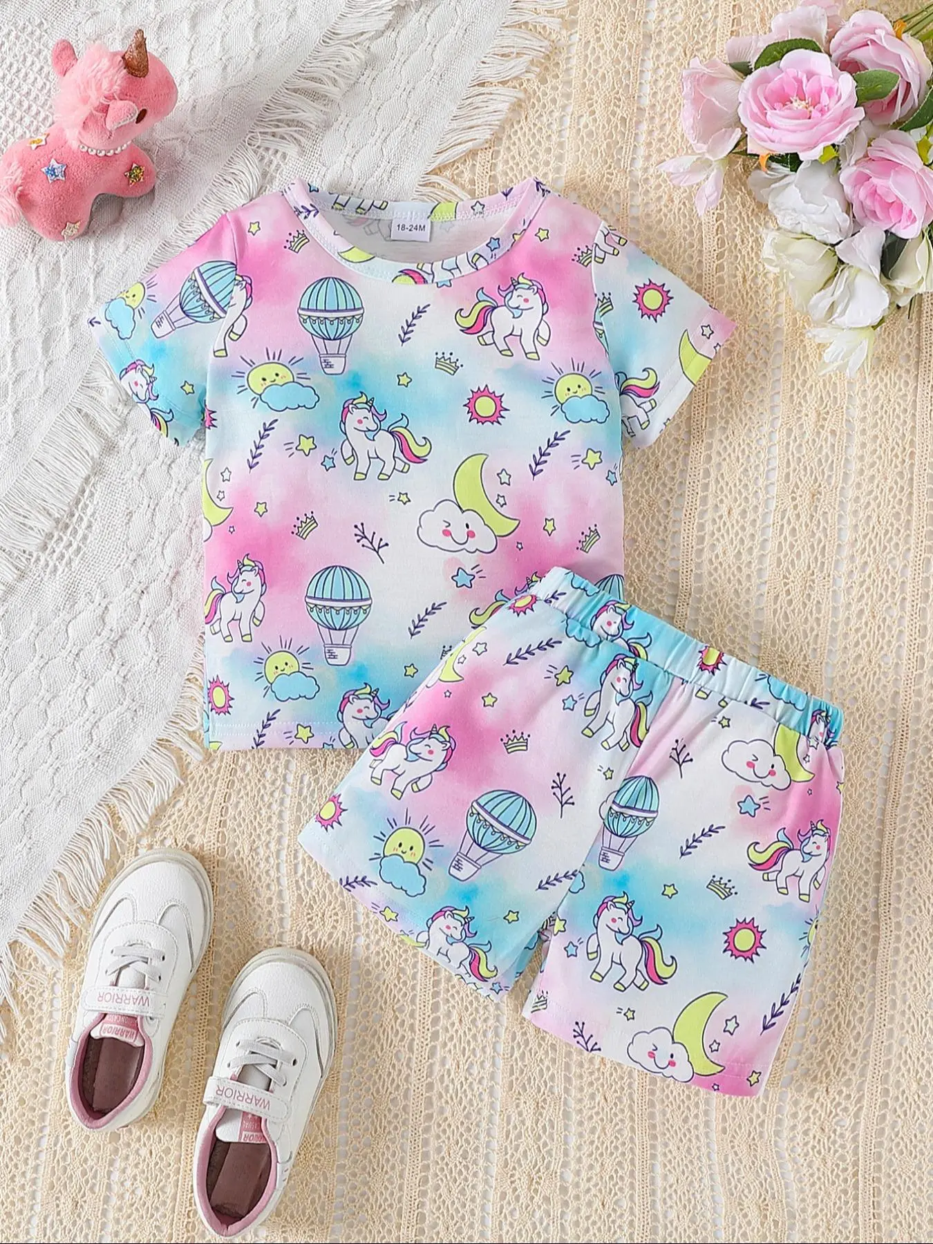 Girls Unicorn Print Gradient Short Sleeve Pajamas, Breathable Soft Fabric, Dreamy Cute Colors, Perfect for Kids Home Wear, Toddler Pajamas
