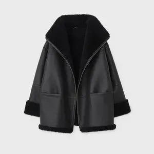 Women's Black Oversized Sheepskin Leather Jacket w/ Shearling Lining