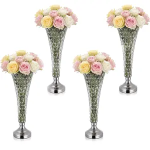 VEVOR 4 PCS Crystal Wedding Flower Vase, 20 in Tall Flower Table Centerpieces, Crystal Cylinder Banquet Vases Easy Installation, Versatile Arrangement Stand for Party Events Room Home Decor, Silver