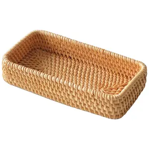 Woven Rattan Serving Tray, Rectangular Wicker Basket, Woven Storage Basket, Decorative Serving Tray for Living Room, Coffee Table, Home Organizer for Remote Control, Sundries, Home Storage Supplies, Interior Organizers