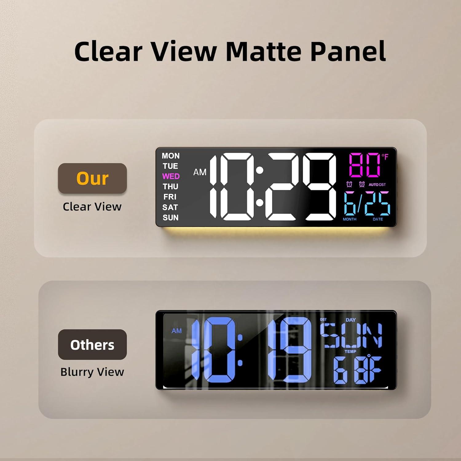 16.5" Large Digital Wall Clock with Anti-Glare Display, RGB Lights with 10 Scenes Mode Remote Control, Adjustable Brightness, Dual Alarms, Auto DST, BT Sync, Temperature for Living Room