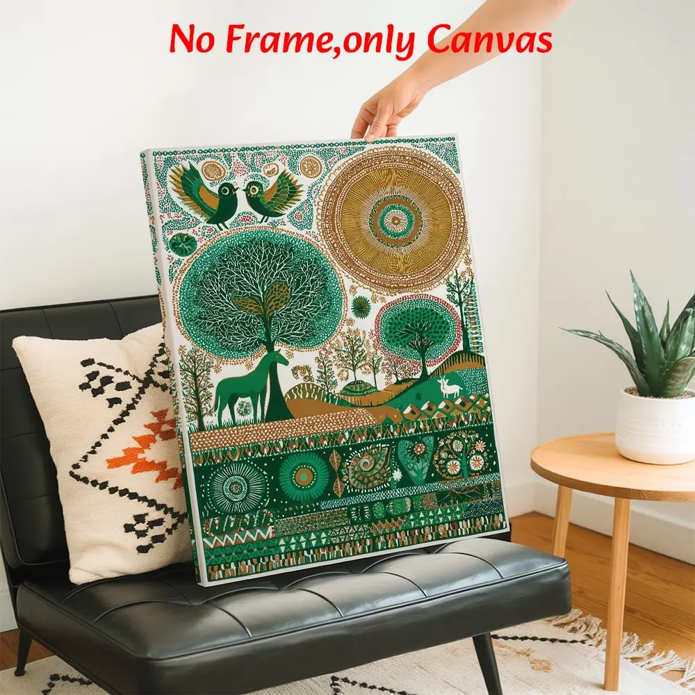 Botanical Wall Art, Folk Art Forest Animals Poster, Whimsical Scandinavian Style Printing, Green Gold Canvas Decoration, Living Room & Nursery Aesthetic, Perfect Housewarming Gift, Framed.