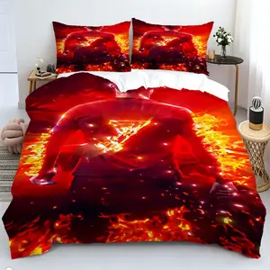 3Pcs Red Flame Bedding Set, Hero No. 7 Pattern Printed Duvet Cover Set (Includes 1 Duvet Cover, 2 Pillowcases, Pillow Inner Not Included), Microfiber Material, Suitable for Children, Teens, Adults, Creating a Comfortable Bedroom Decoration