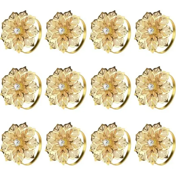 Gold Metal Coating Hollow-Out Flower Napkin Rings (20-Pack) - Metal Napkin Ring Holders, Delicate Serviette Buckles for Wedding, Christmas Decor, Gift for Banquet Events