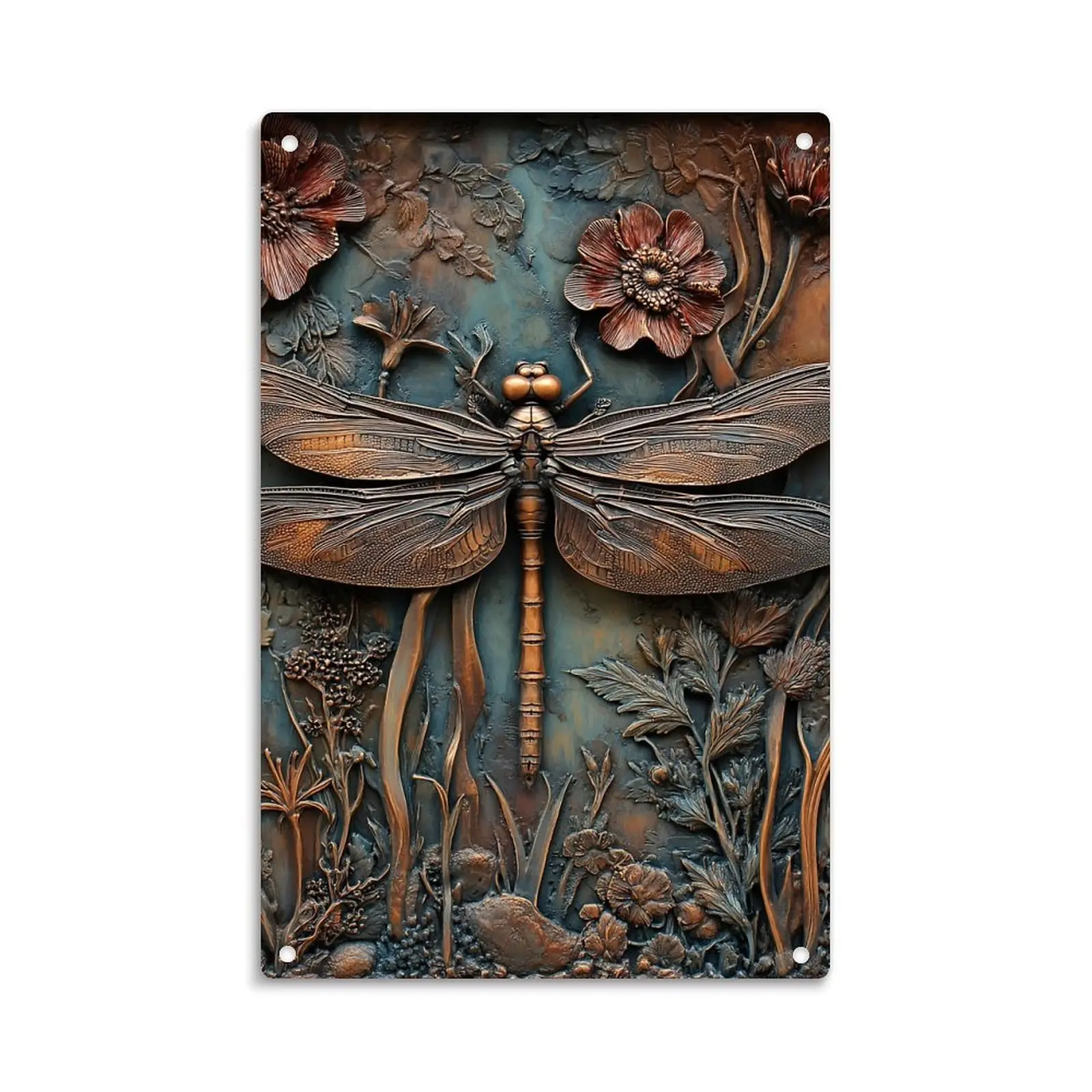 Dragonfly And Flowers Vintage Botanical Metal Sign Print Aesthetic Room Decoration for Home Bedroom Kitchen Bar Dorm Bathroom Wall Decor 8 X 12 Inch