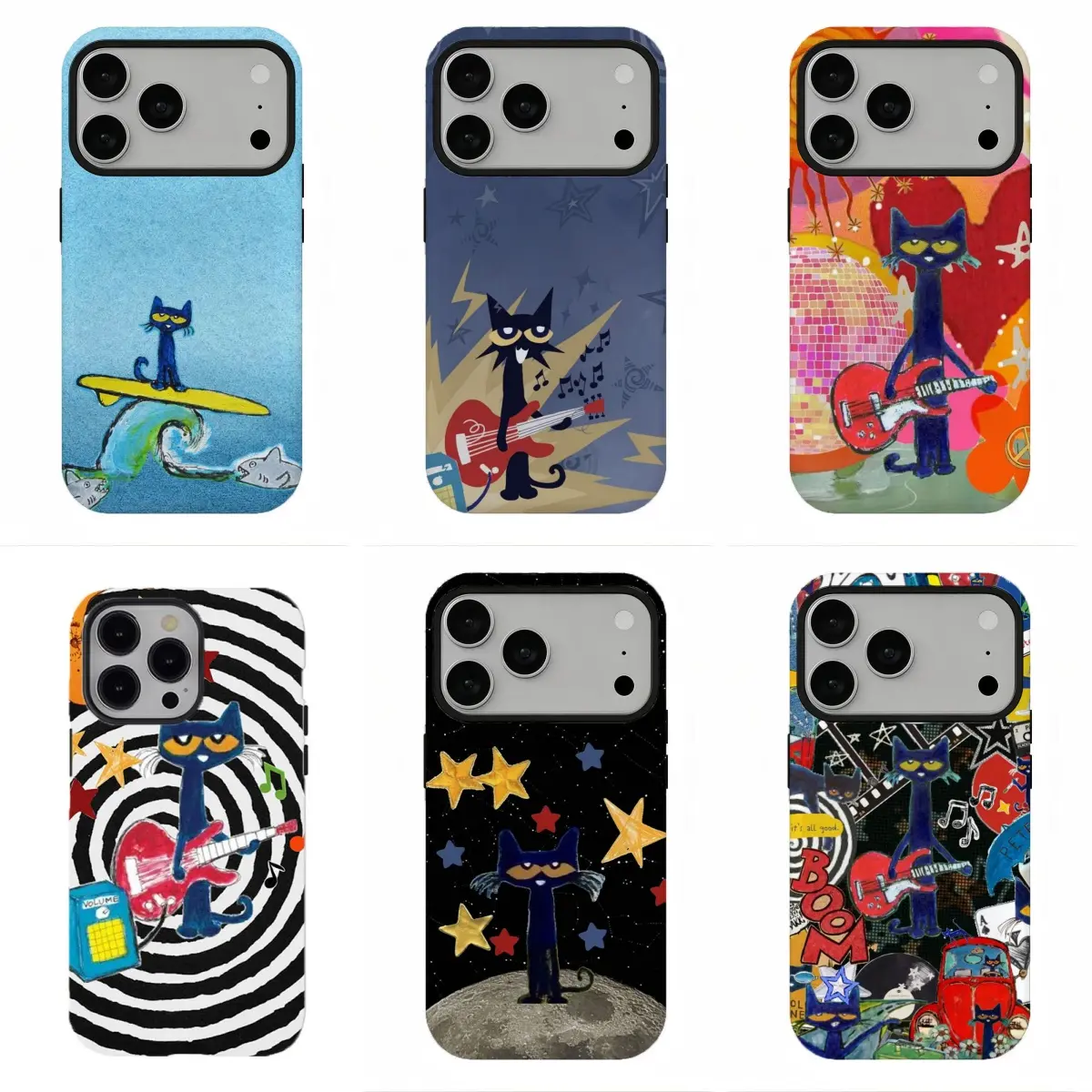 Y2K Rockstar Cool Blue Cat Phone Case, Indie Retro Guitar Surf Disco Tough Cover, Compatible for iPhone 17Promax 16 15 14 13 12 11 and for Samsung S26-S21, Groovy Kidcore Music Aesthetic Protective Case, Trendy Gift for Music Fans