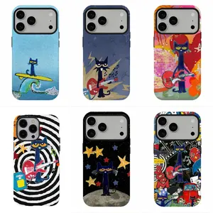 Y2K Rockstar Cool Blue Cat Phone Case, Indie Retro Guitar Surf Disco Tough Cover, Compatible for iPhone 17Promax 16 15 14 13 12 11 and for Samsung S26-S21, Groovy Kidcore Music Aesthetic Protective Case, Trendy Gift for Music Fans