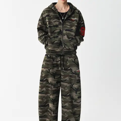 FDR Camo Embroidery Zip Up Hoodie for Men & Women Oversized Cropped Sweatshirt 2 Piece Tracksuit Set High Waist  Baggy Wide Leg Sweatpants Soft Fabric Y2K Streetwear Unisex Vintage Longsleeves Top Pullover