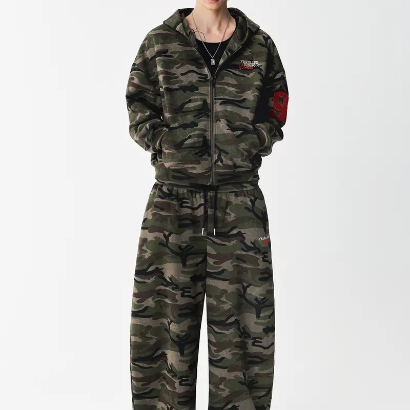 FDR Camo Embroidery Zip Up Hoodie for Men & Women Oversized Cropped Sweatshirt 2 Piece Tracksuit Set High Waist  Baggy Wide Leg Sweatpants Soft Fabric Y2K Streetwear Unisex Vintage Longsleeves Top Pullover