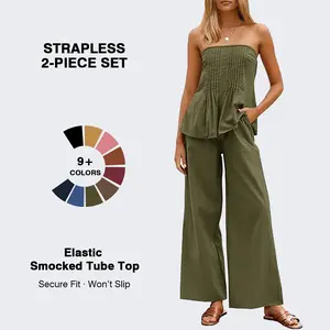 Tankaneo Womens 2 Piece Outfits Summer Strapless Tube Tops Wide Leg Pants Cotton Vacation Pleated Matching Lounge Set