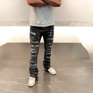 Men's Slim Stacked Flare Jeans - Distressed Style, Casual Wear Men's Slim Stacked Flare Jeans - Distressed Style, Casual Wear