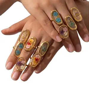 Dried Flower Resin Rings - Gold-Plated Stainless Steel, Real Pressed Flower, Adjustable Costume Jewelry Rings marquise engagement outdoorfun